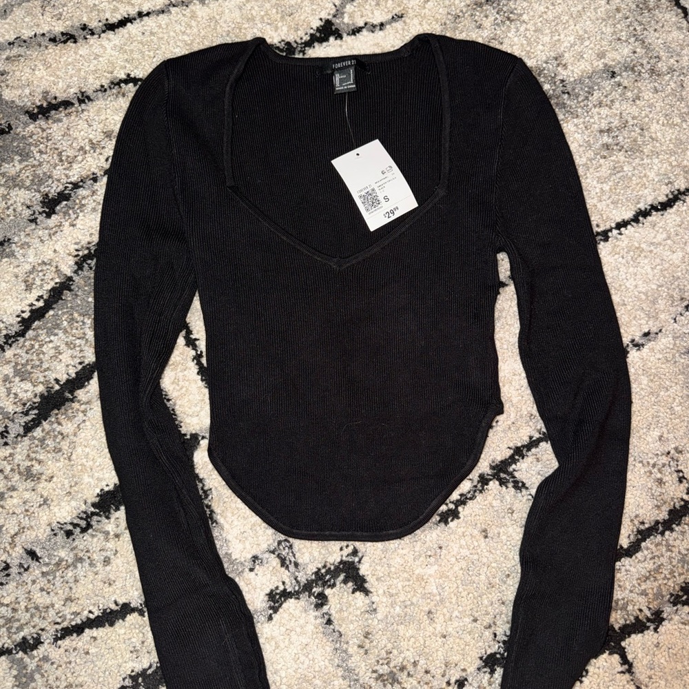 Forever 21 Black V-Neck Ribbed Long Sleeve Top